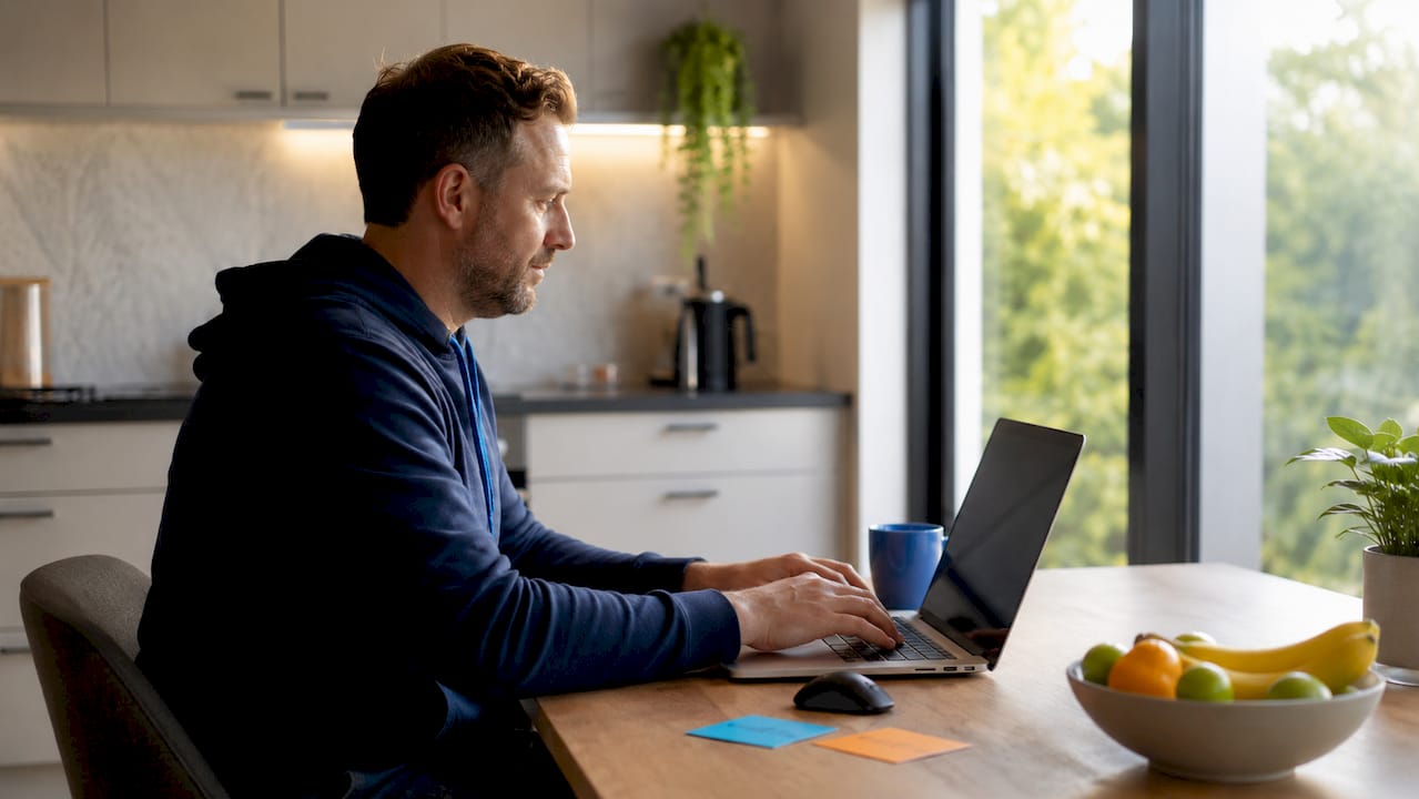 Hands typing AI customer support code at home