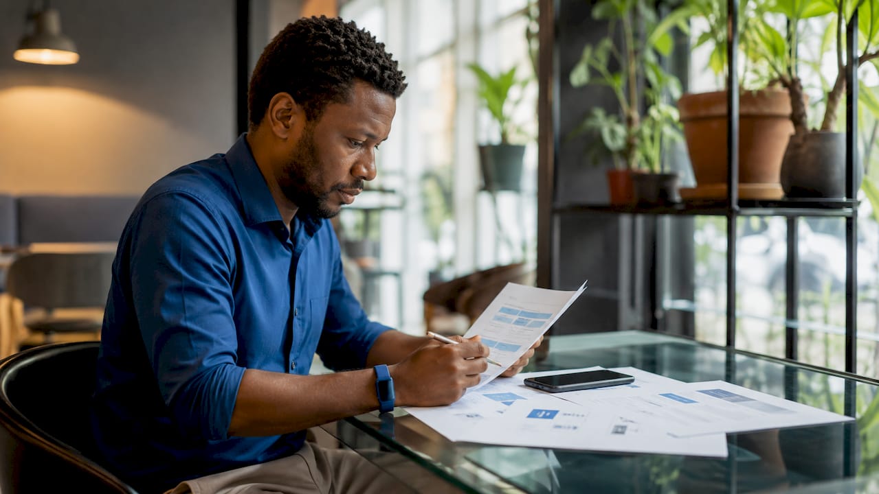 Tech specialist reviewing chatbot features by window