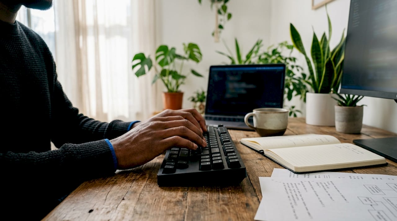 Developer typing chat AI code on laptop keyboard