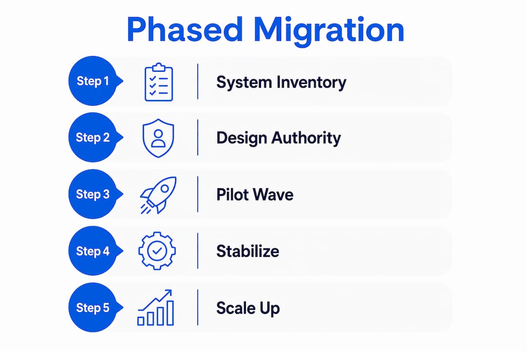 Infographic illustrating phased migration steps