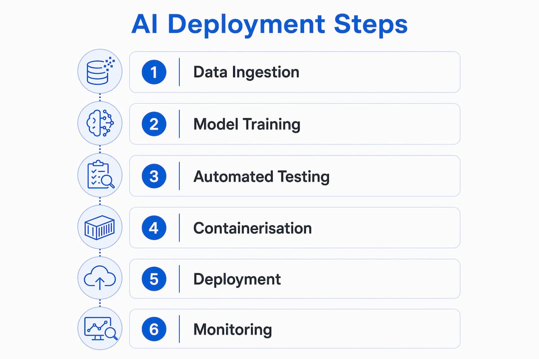 Infographic illustrating AI deployment pipeline steps