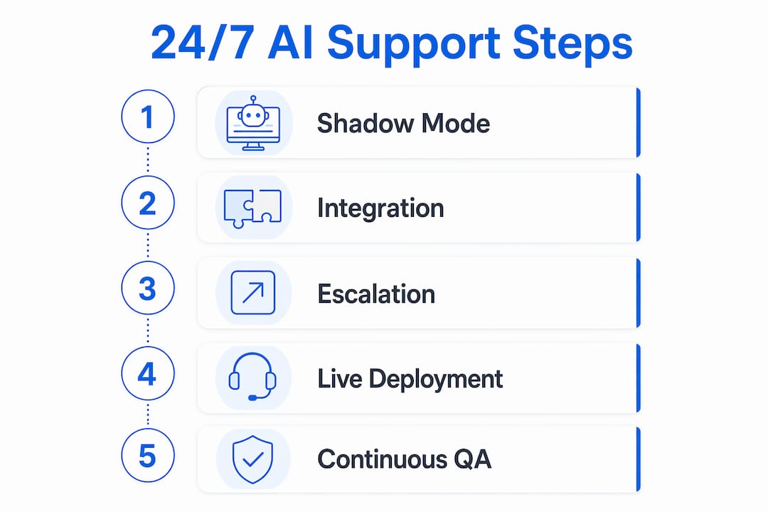 Infographic showing 24/7 AI support implementation steps