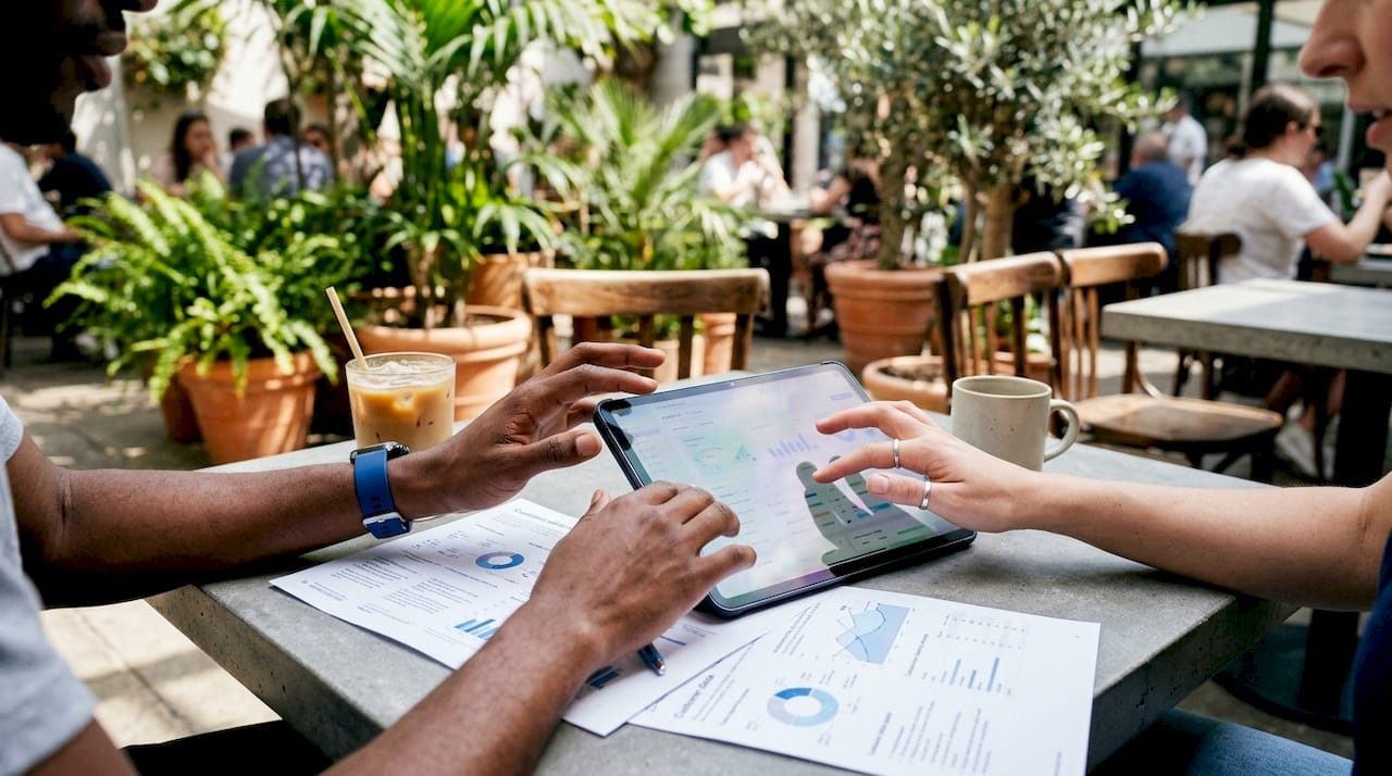 Hands using tablet reviewing AI personalized chat data