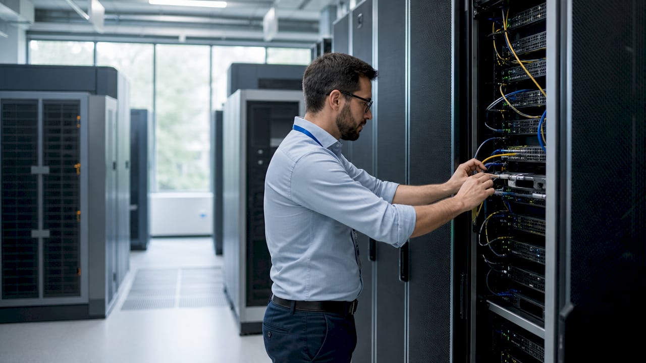 Engineer working on server rack cables in data centre