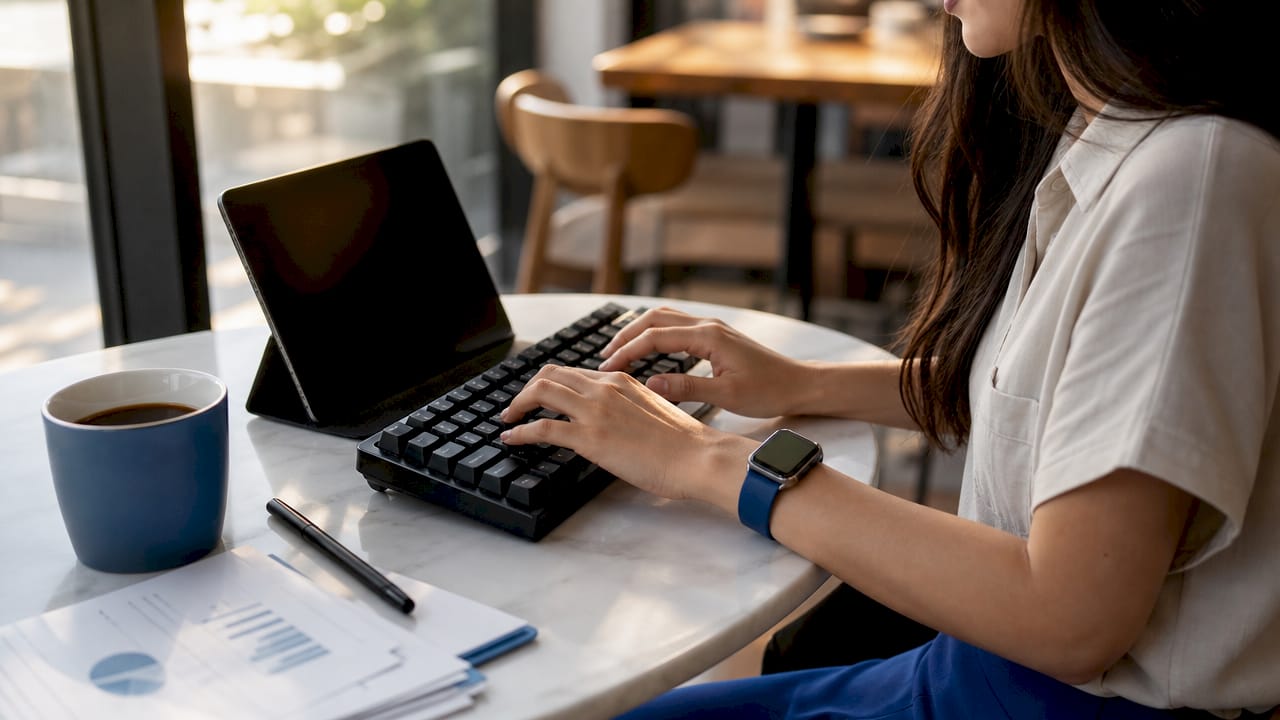 Hands typing on keyboard with integration guides