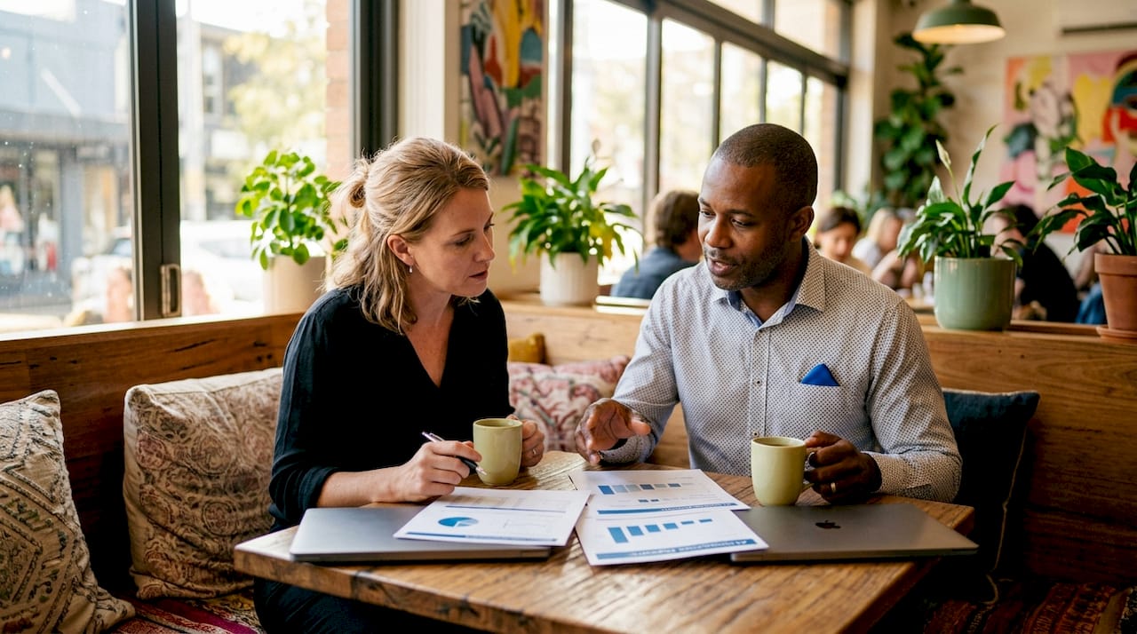 Business partners discussing AI automation costs and benefits