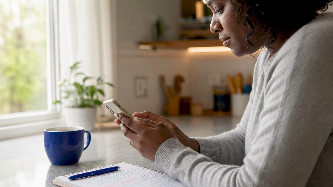 Supervisor checking AI chatbot metrics on smartphone