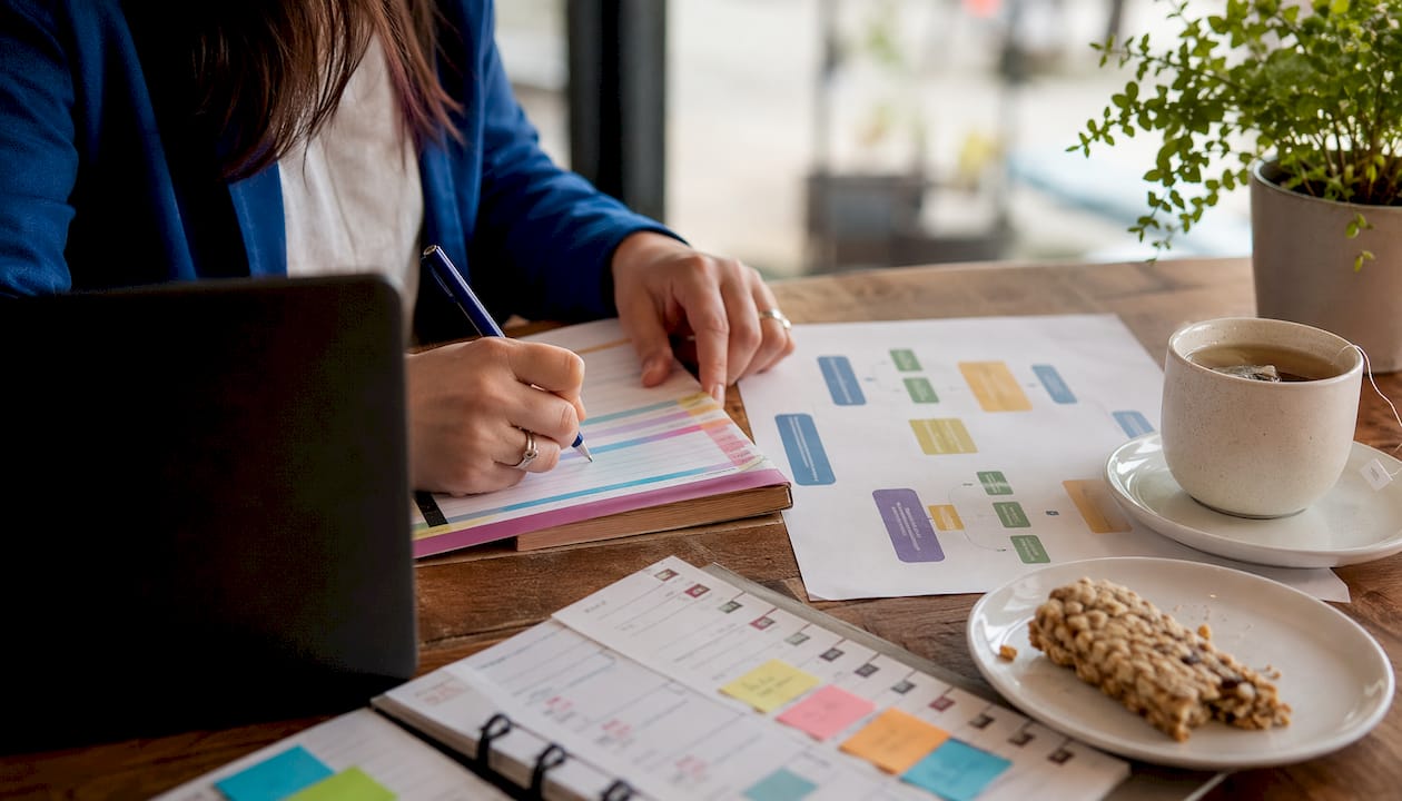 Overhead view of retail customer communication planning