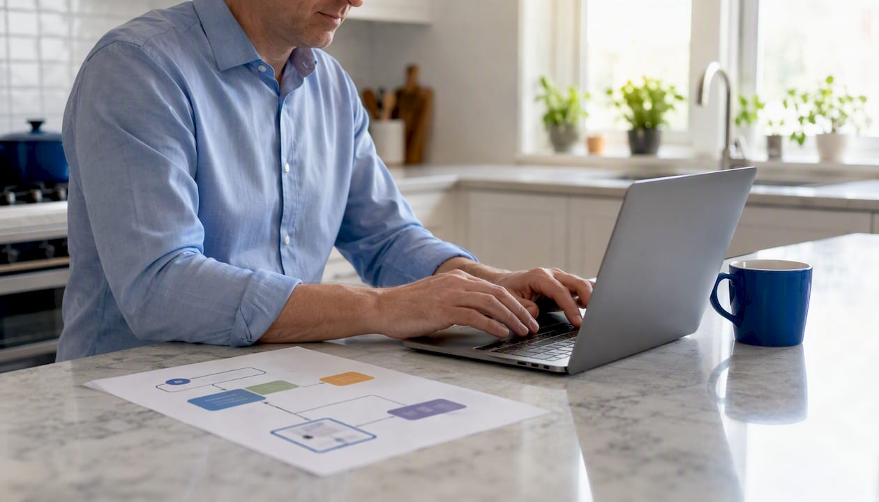 Hands typing next to AI pipeline flowchart printout