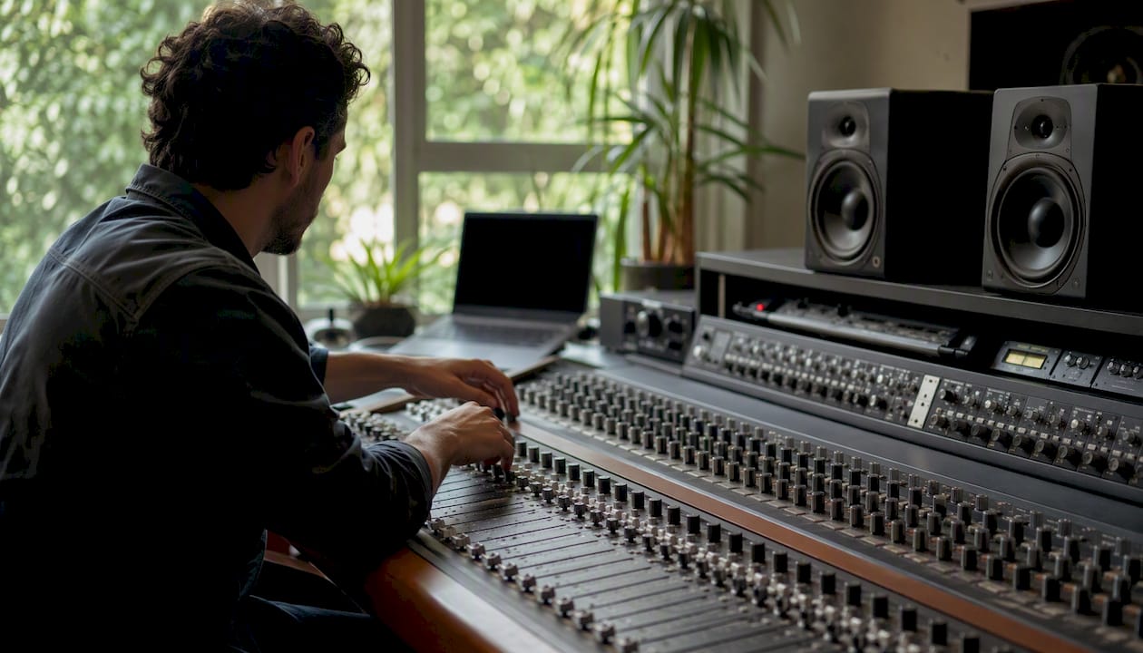 Hands tuning audio mixer controls