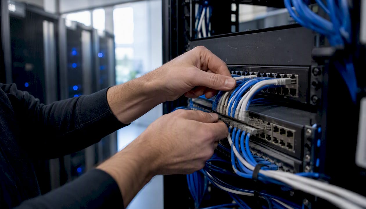 Technician hands unplugging network cables