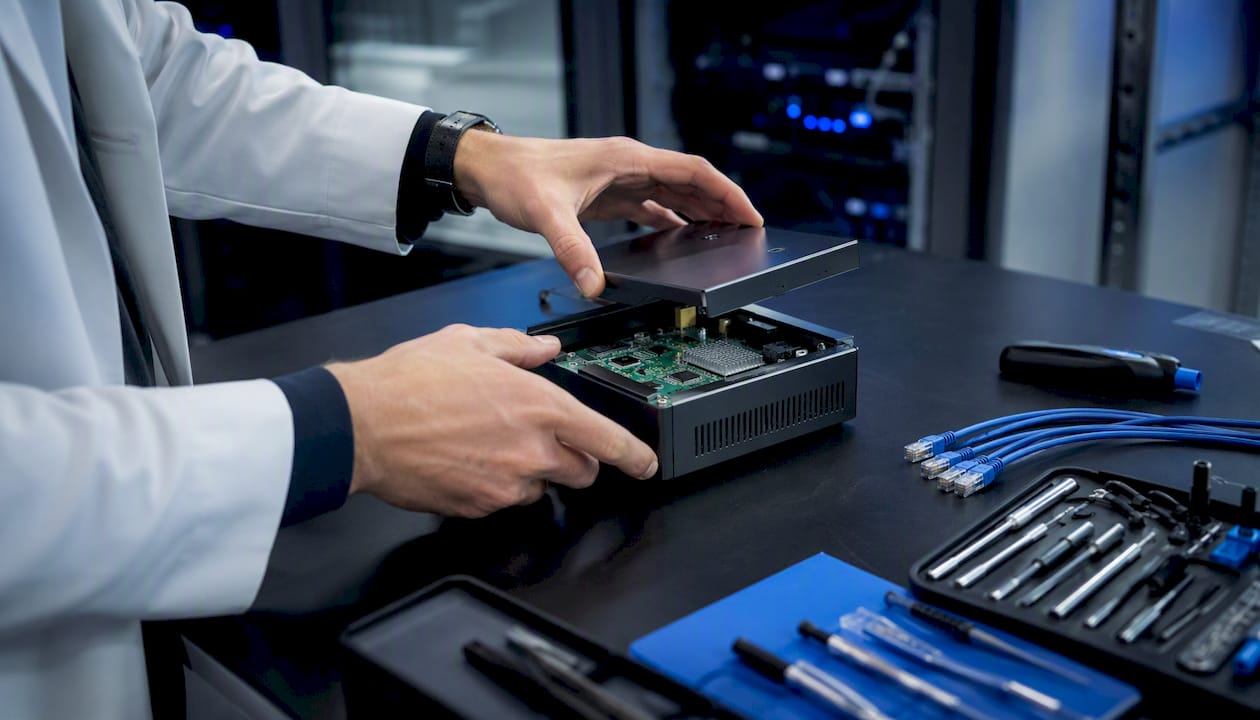 Forensic investigator hands opening hardware module