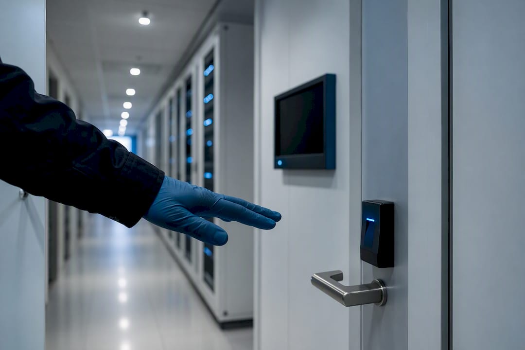 Hand holding security card at data center door
