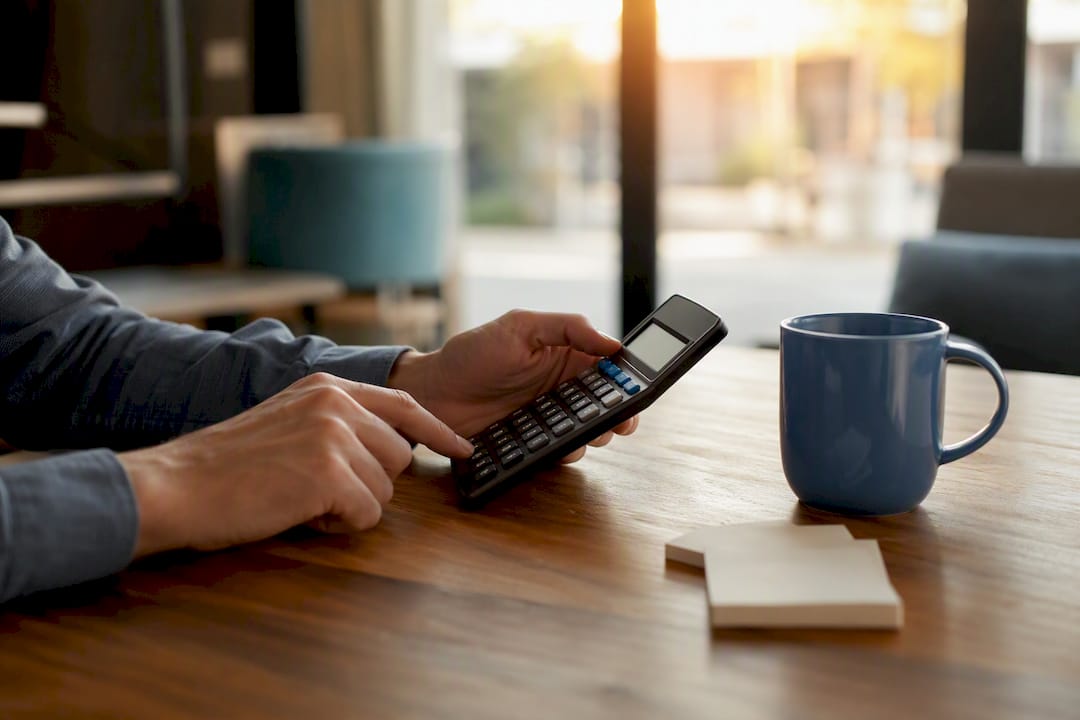 Hands operating a calculator with coffee cup