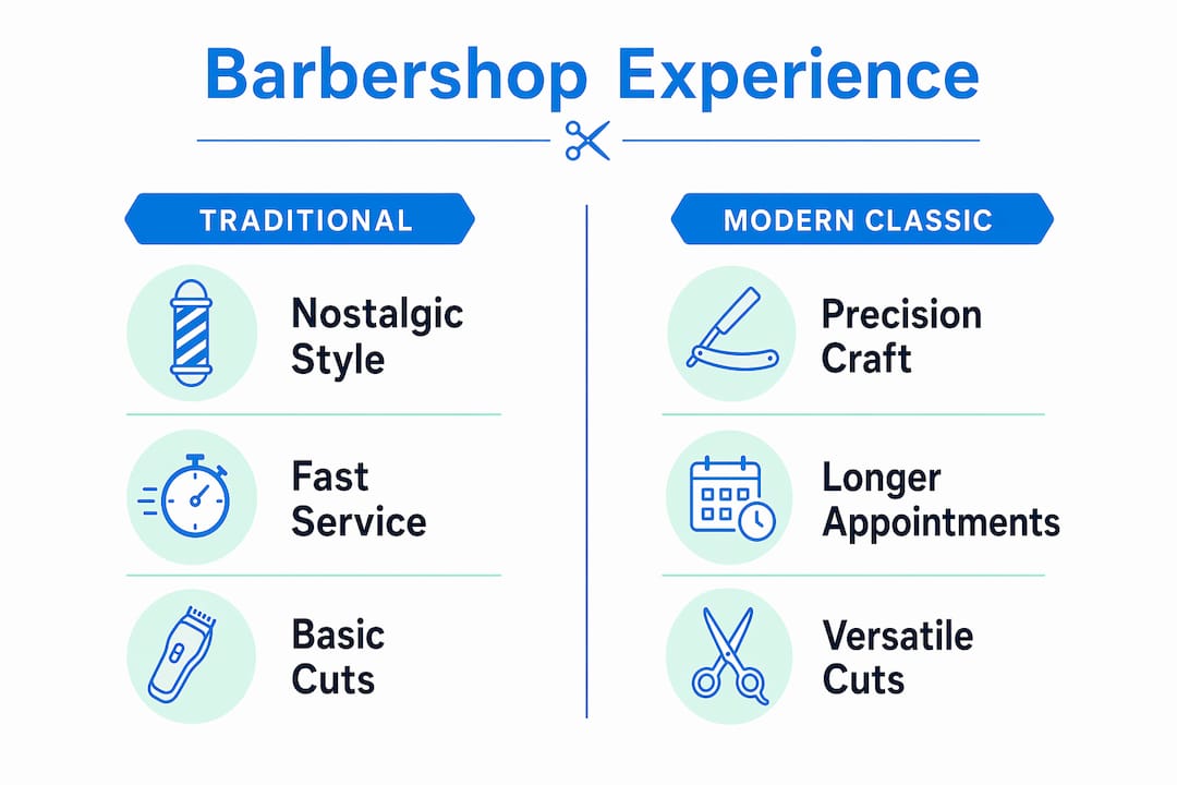 Comparison infographic of traditional versus modern classic barbershop experiences