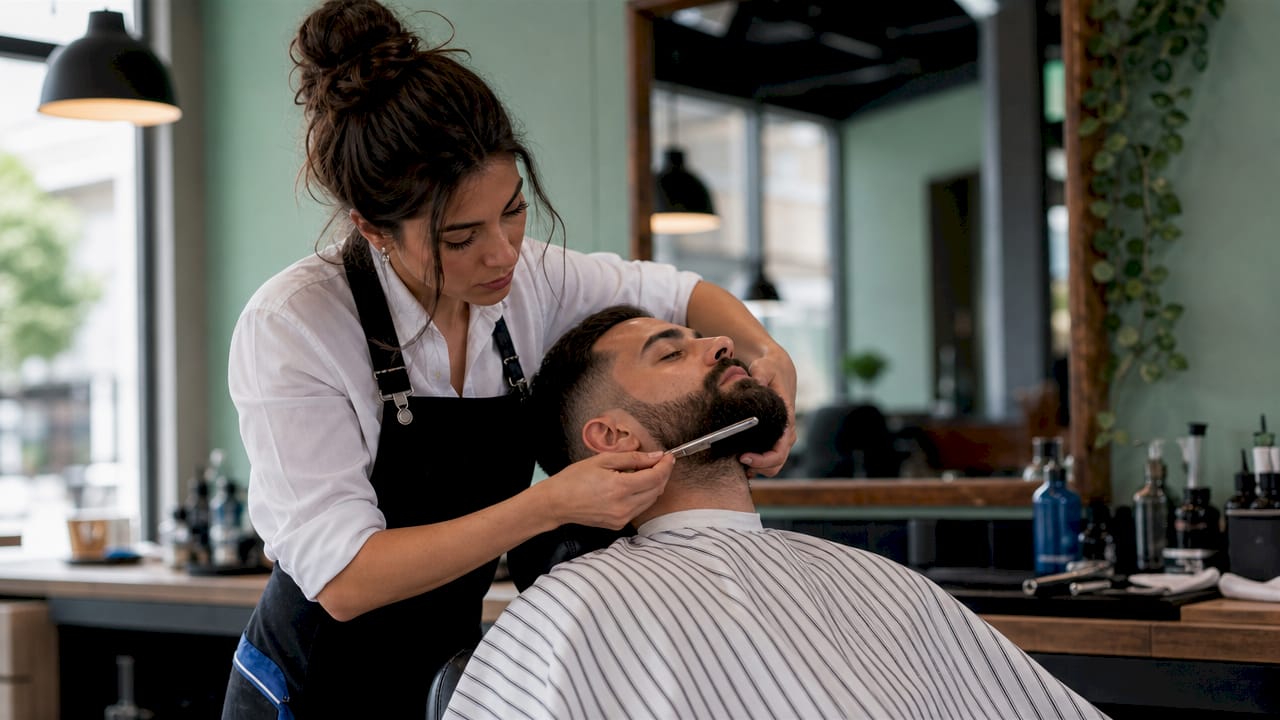 Female barber shaping client's beard with straight razor