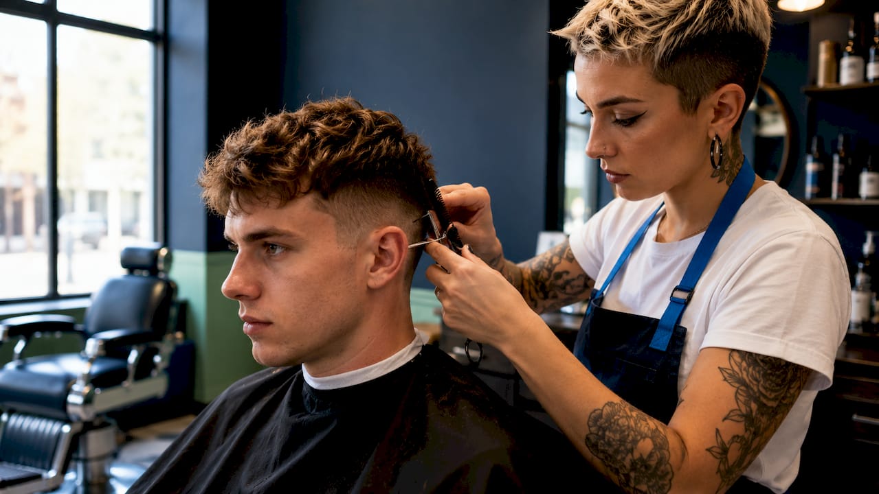 Close-up of barber tailoring haircut to client
