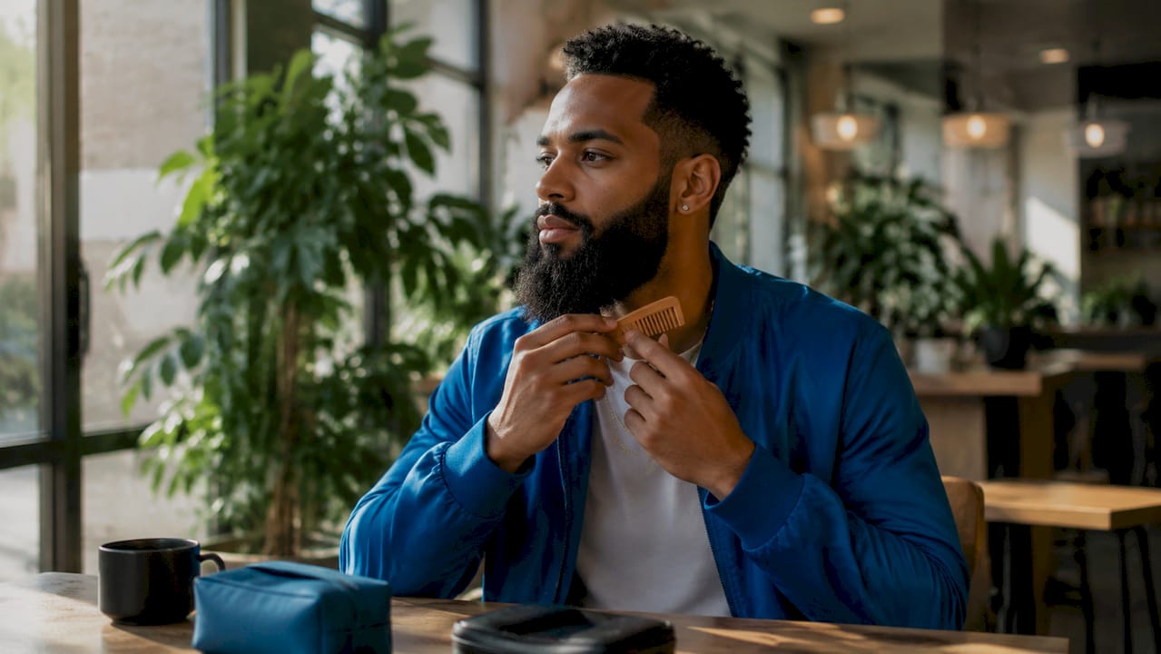 Man preparing beard at home before trim