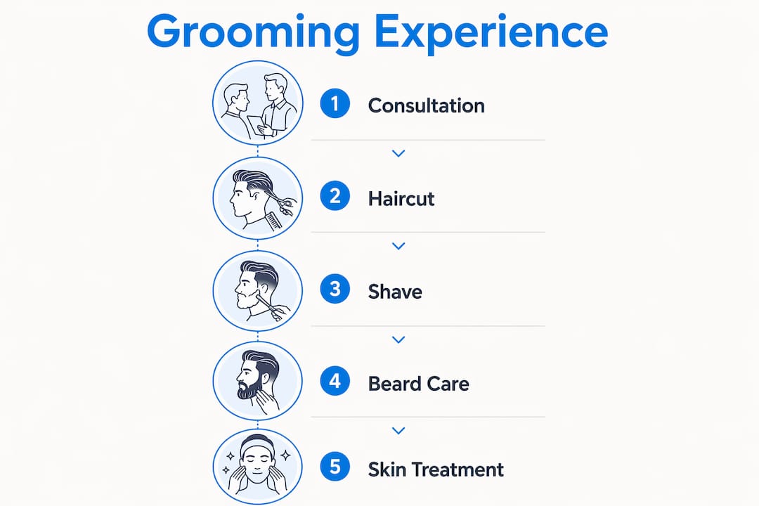 Infographic showing steps of men's grooming experience