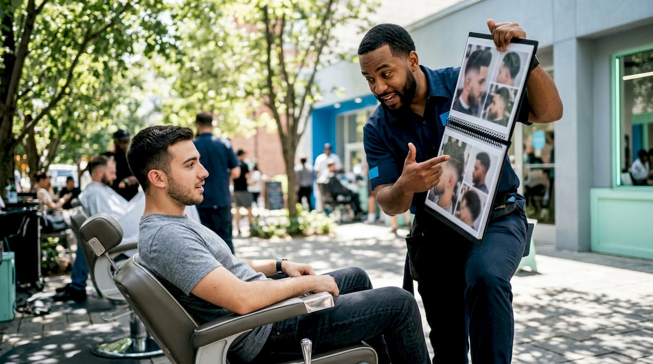 Barber showing haircut portfolio to customer inside barbershop