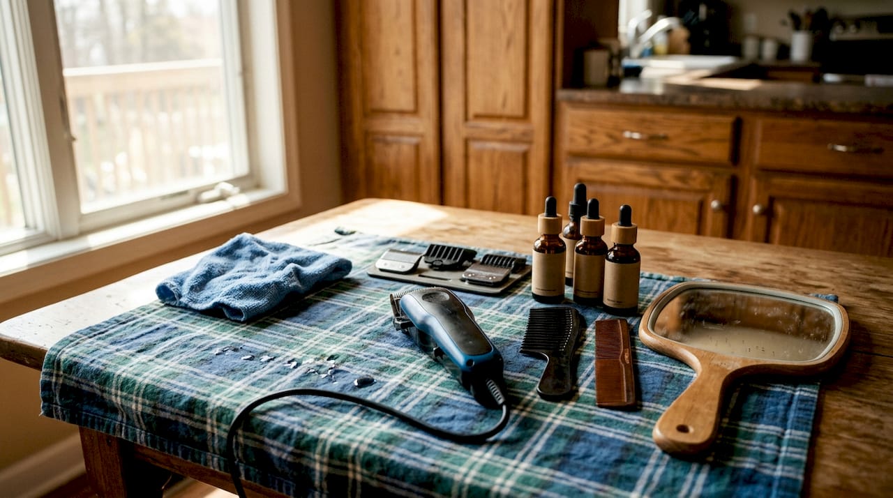 Home grooming haircut tools on bathroom counter