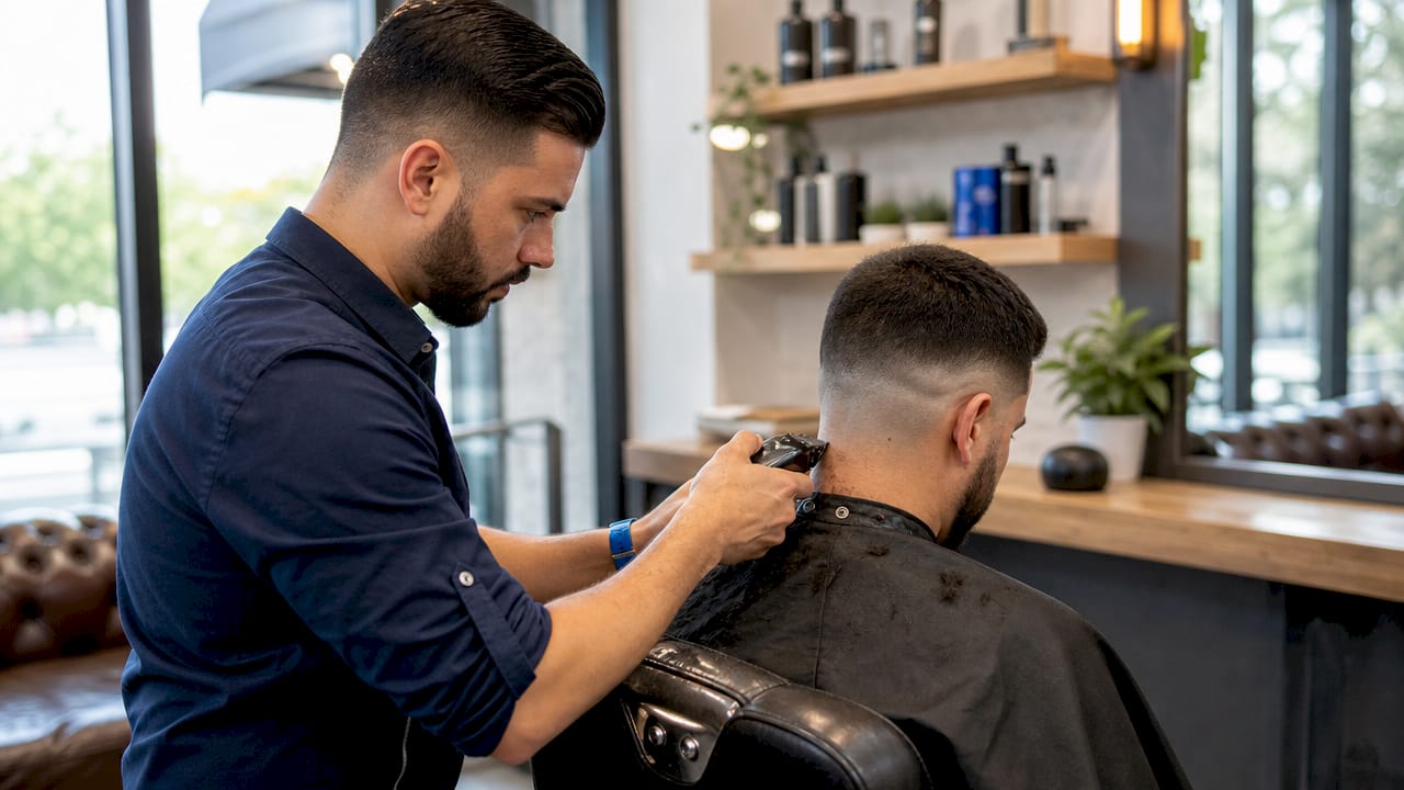Close-up hairdresser blending skin fade haircut