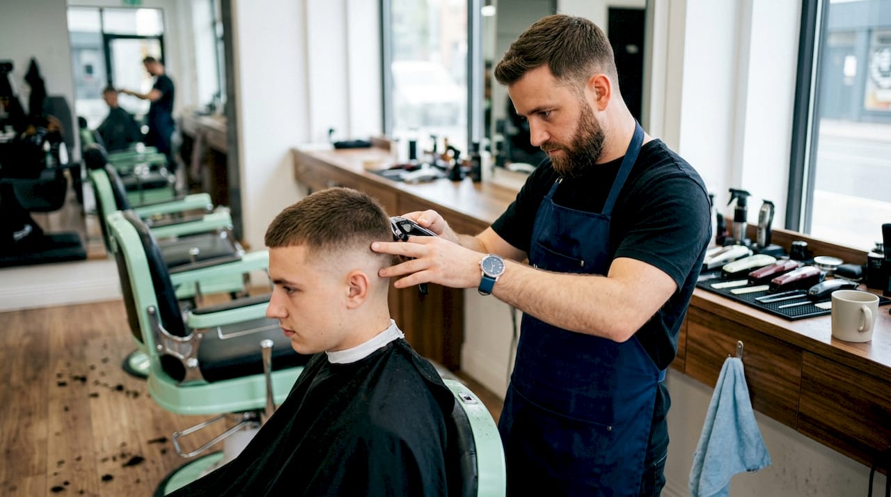 Barber giving clipper fade in classic barbershop