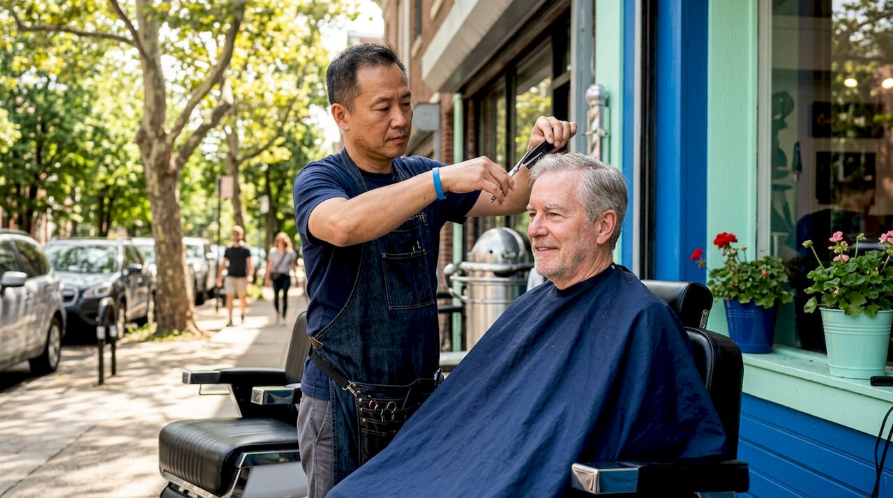 Barber trimming client’s hair precisely