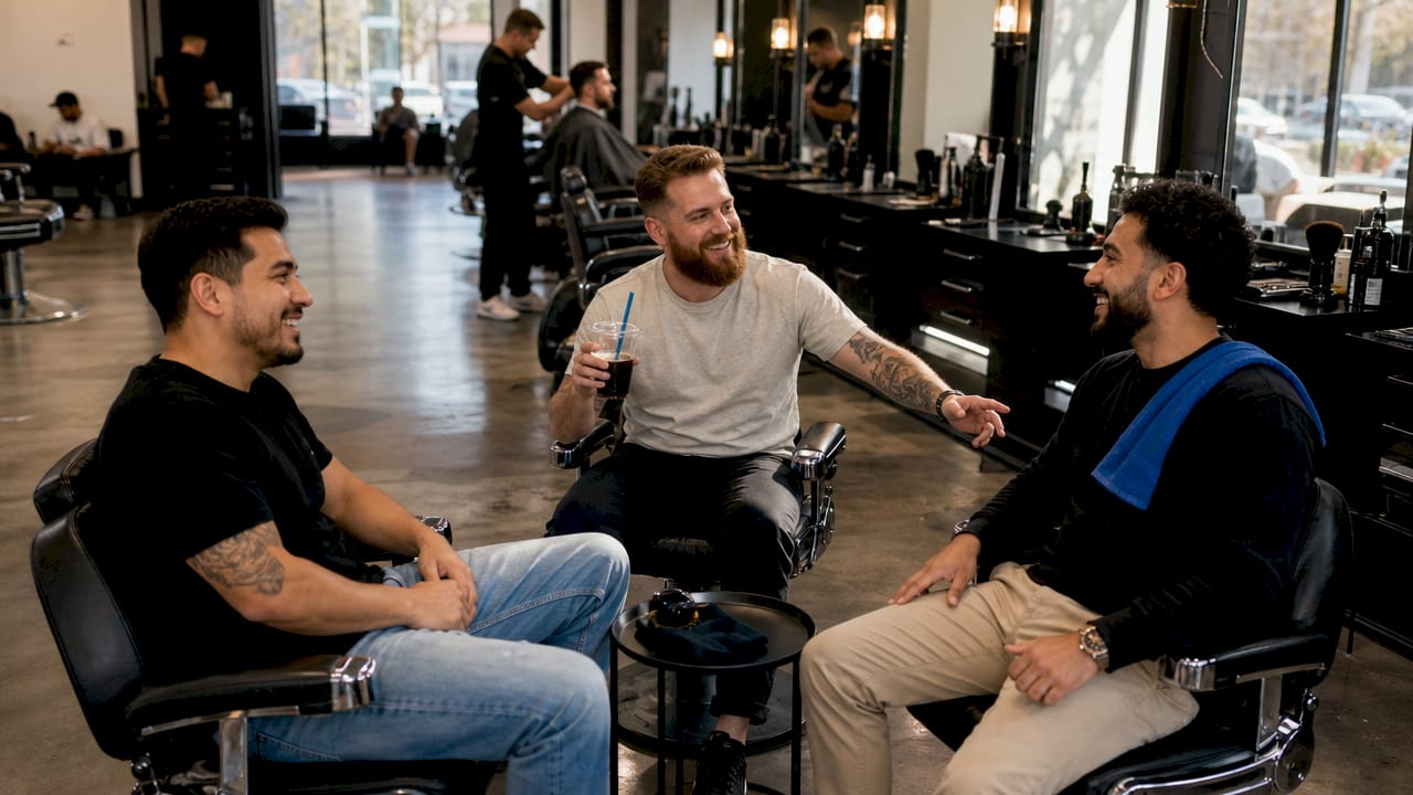 Men chatting comfortably in premium barbershop chairs