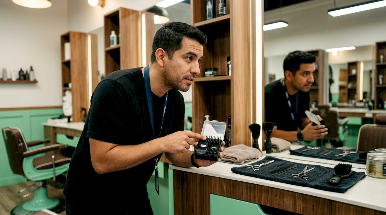 Man preparing to describe haircut clipper guard