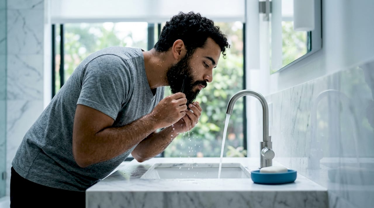 Man washing and combing beard in shower