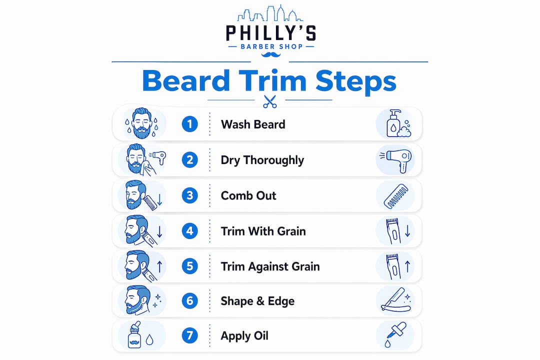Infographic illustrating step-by-step beard trimming process
