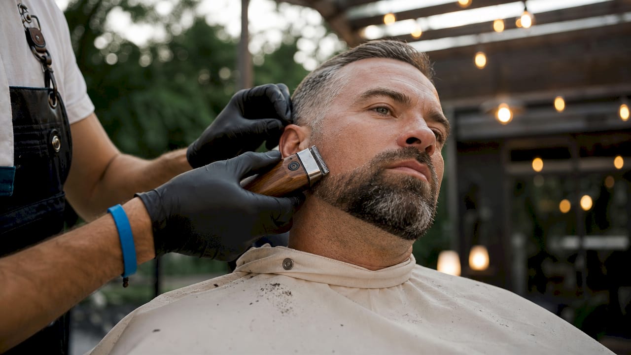 Close-up of barber shaping beard edges