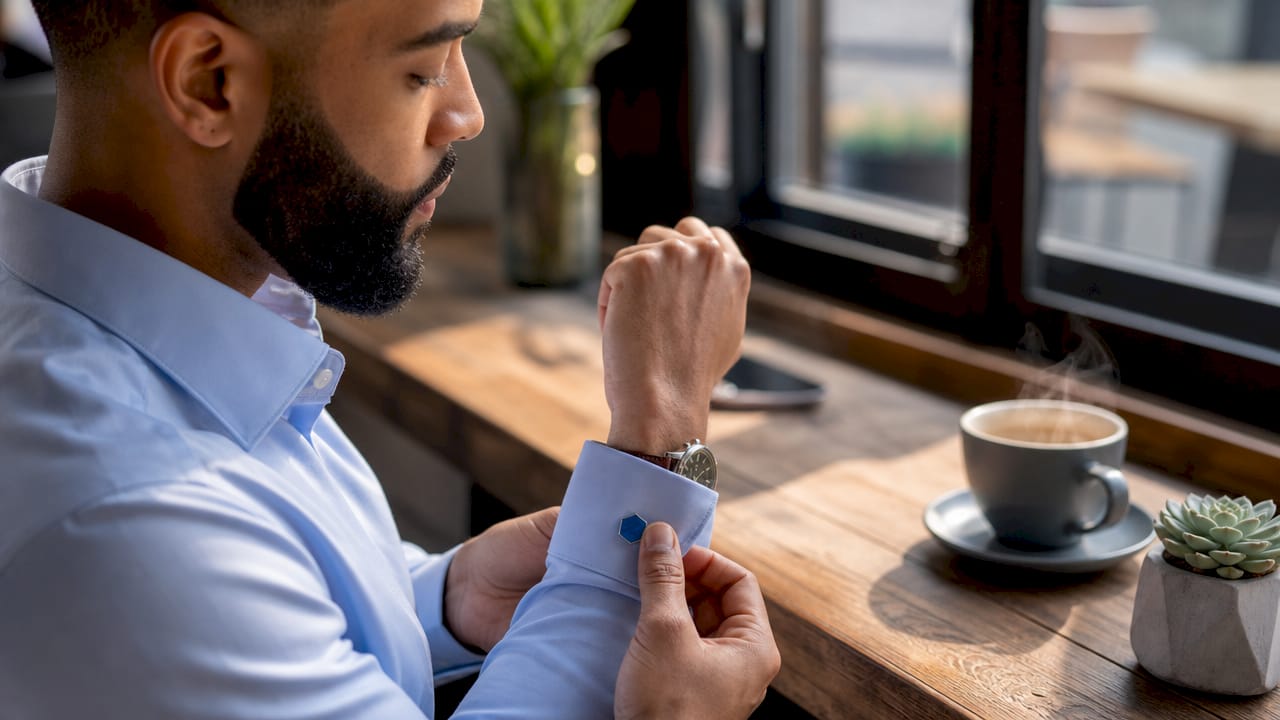 Close-up groomed businessman adjusting cufflink