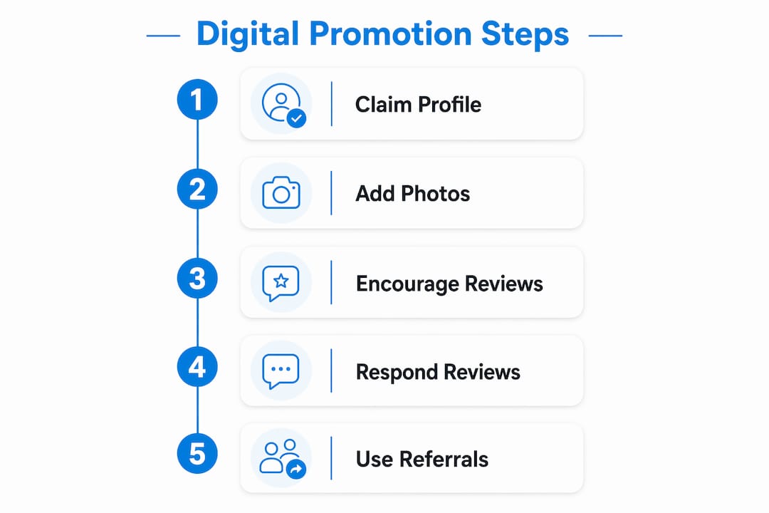Infographic showing digital promotion steps for barbershops