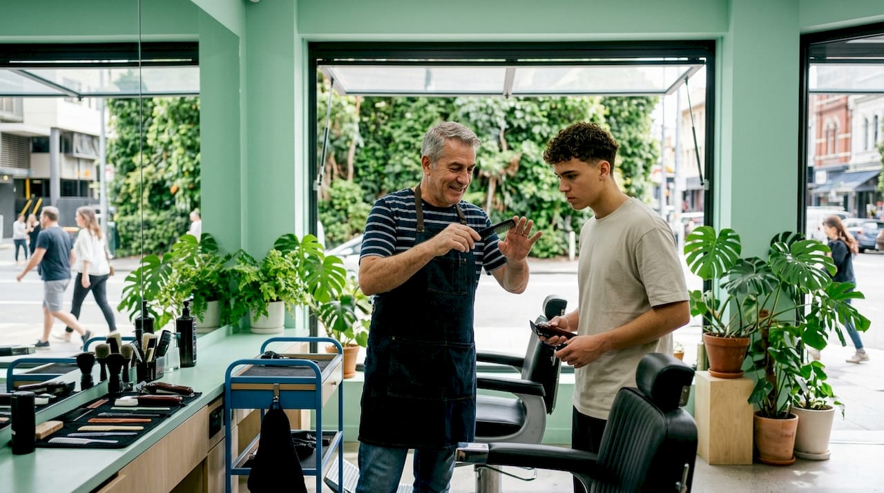 Experienced barber mentoring apprentice inside shop