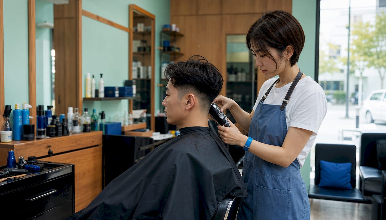 Close-up low fade haircut side profile