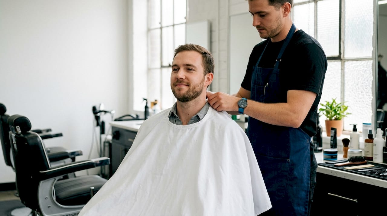 Relaxed client seated in modern urban barbershop