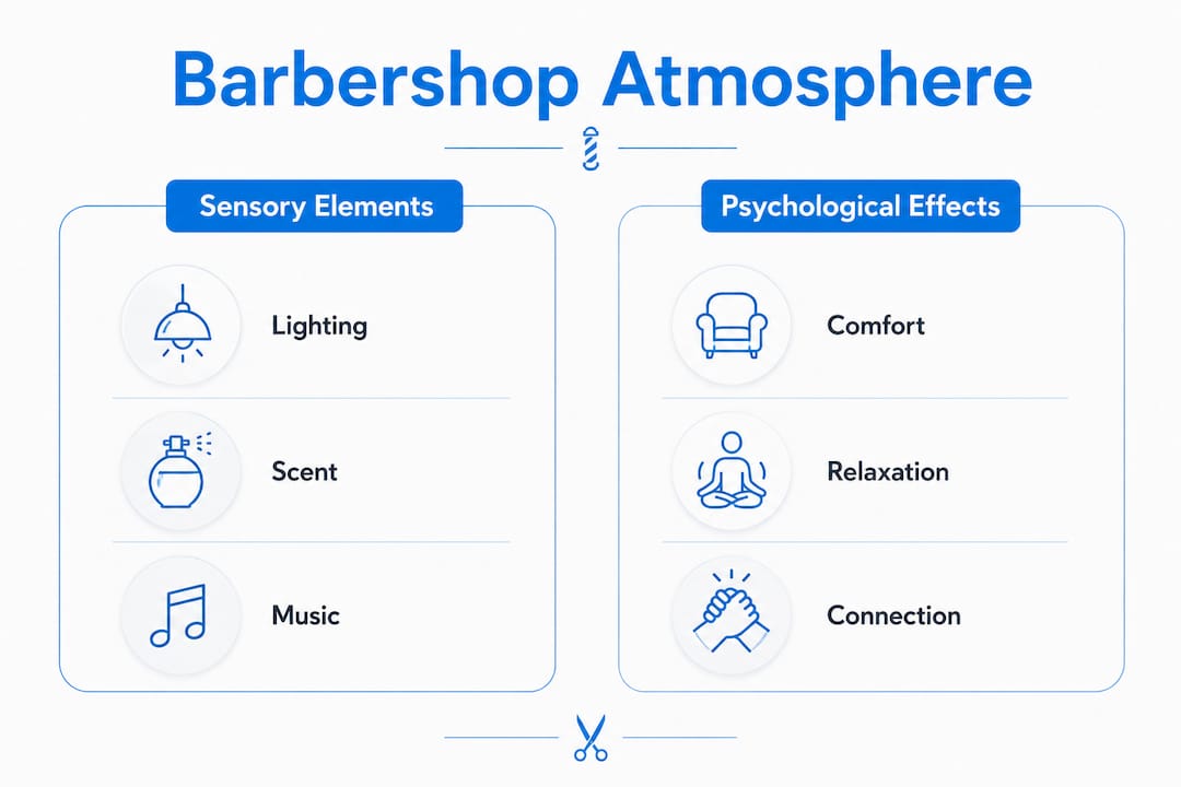 Infographic comparing sensory elements and psychological effects in barbershop atmosphere
