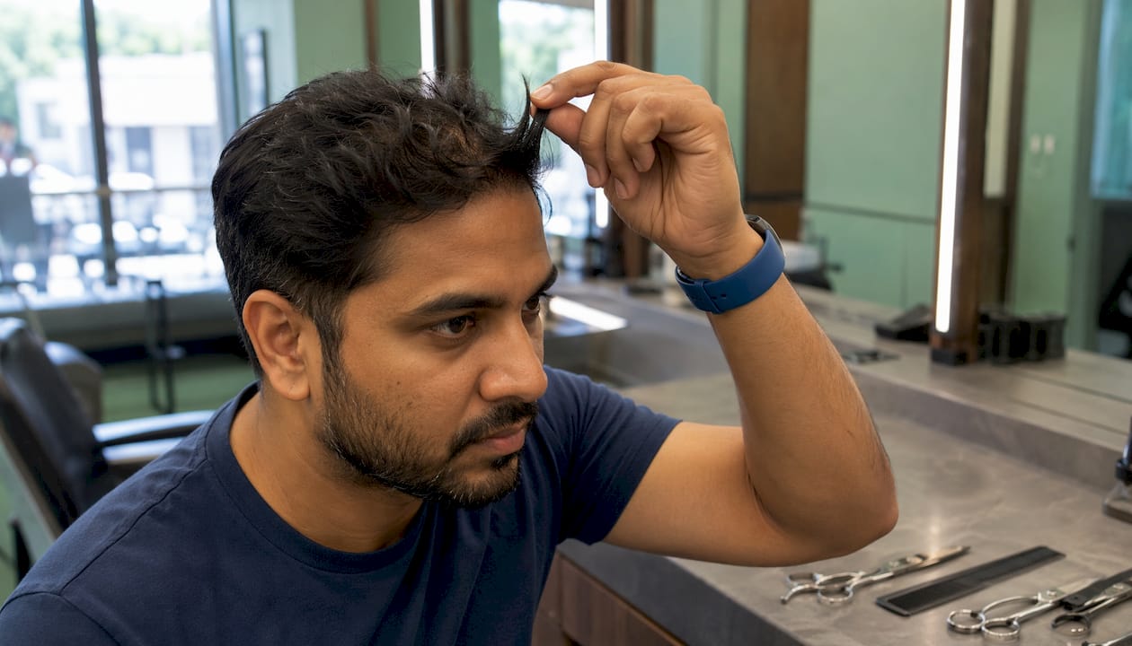Close-up of hands measuring hair length
