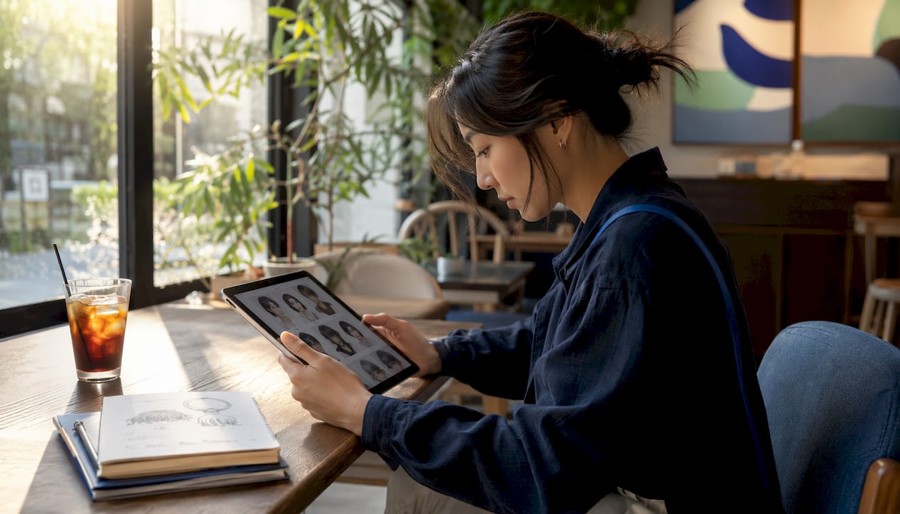 Person selecting haircut reference photos on phone