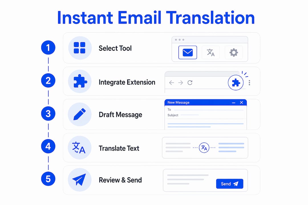 Step-by-step workflow infographic for instant email translation