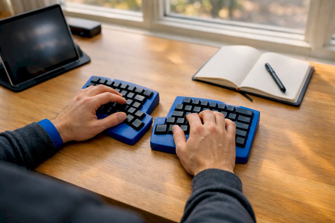 Hands ready to type secure translation email