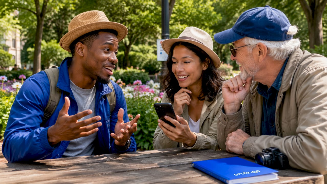 Group using translation app and gestures outdoors