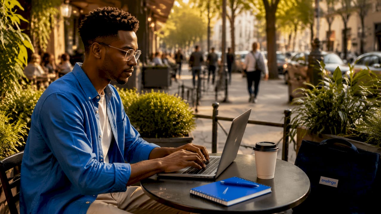 User typing in coworking space with laptop
