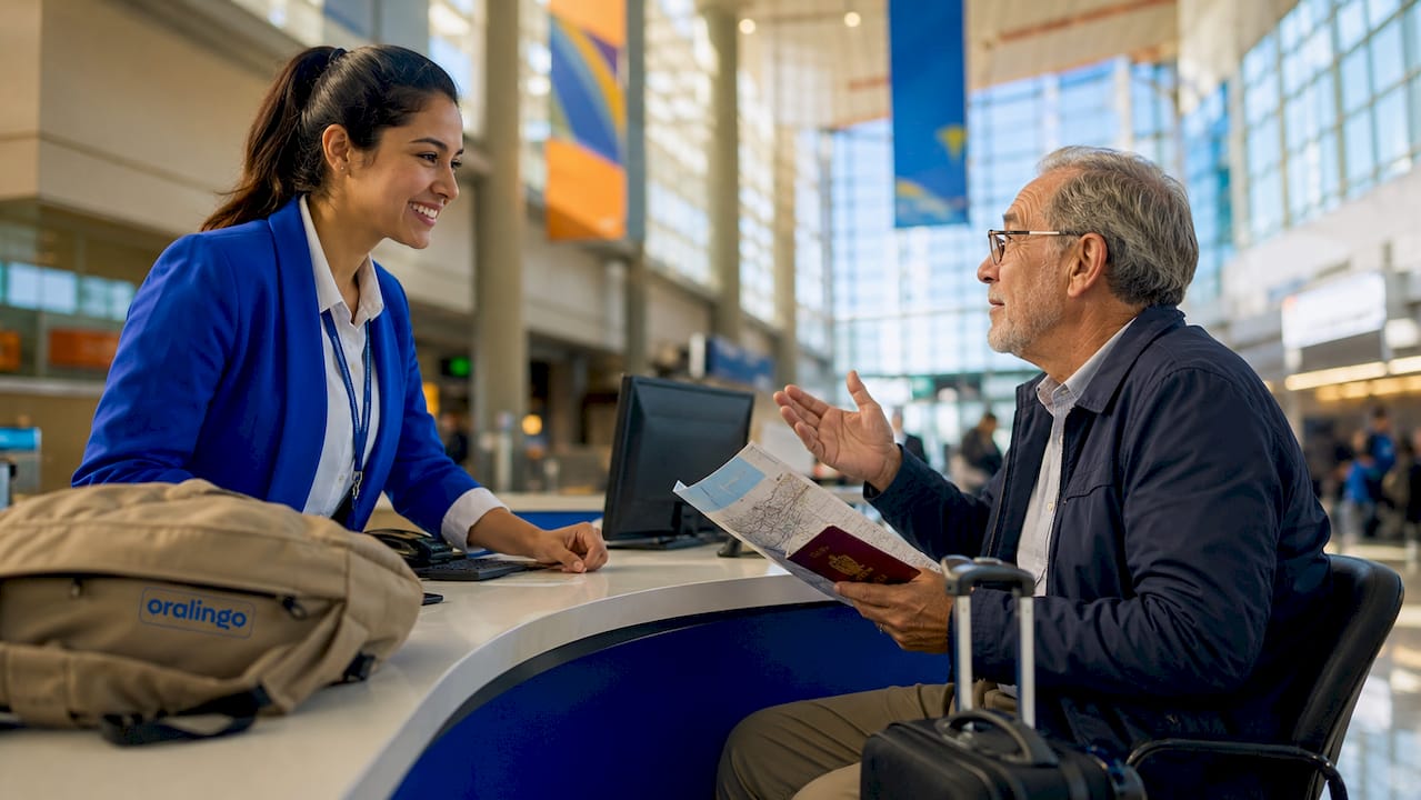 Bilingual agent assists elderly traveler at airport desk