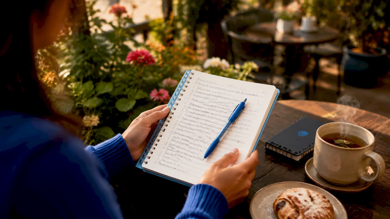 Hands holding notebook with language notes