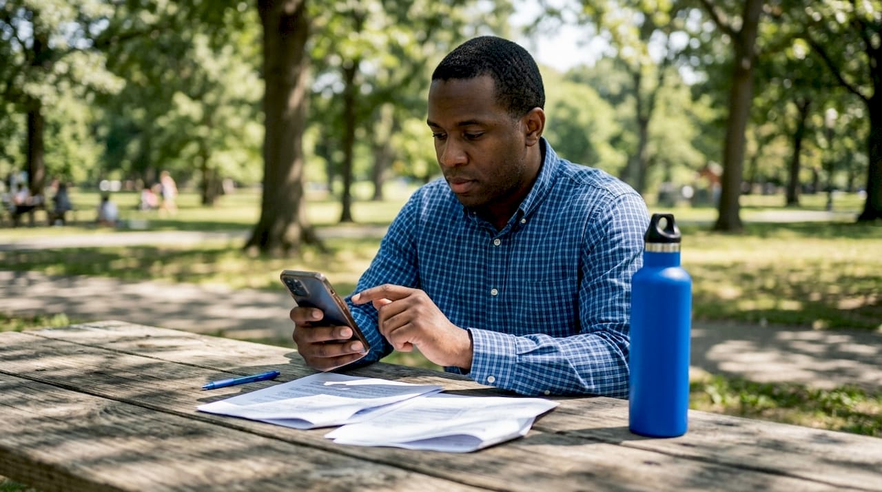 Hands holding smartphone showing translation app in meeting