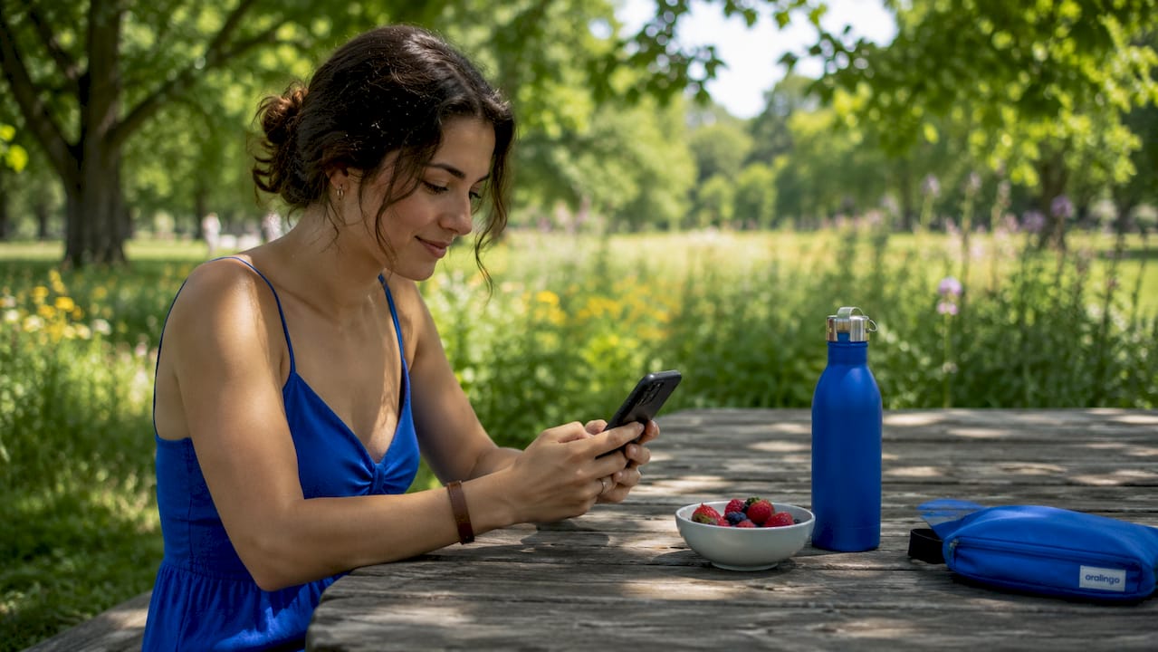 Hands holding smartphone at café table