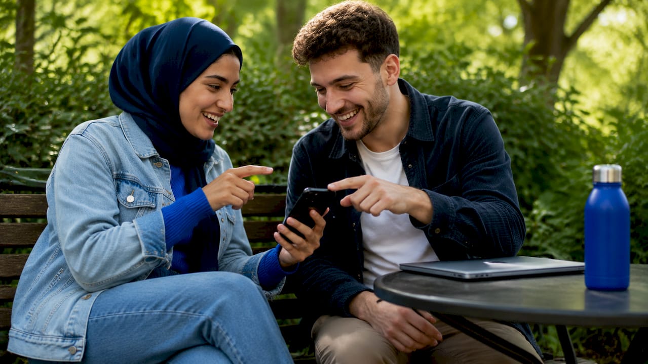 Two students code-switching using smartphone at café table